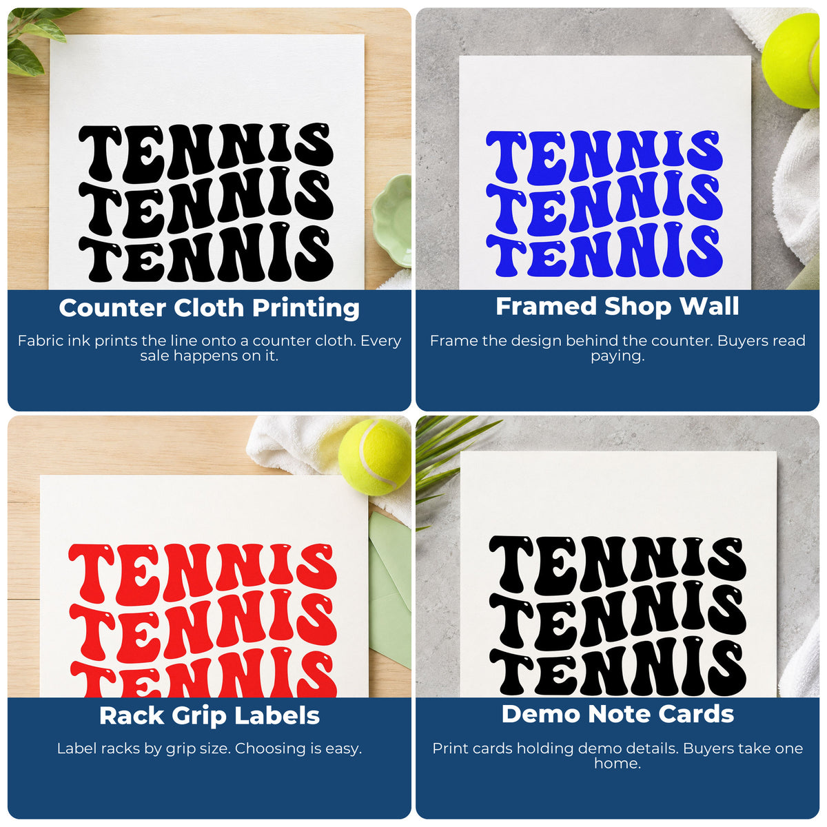 Four ways to use the Repeated Wavy Tennis Word Art Self-Inking Stamp: counter cloth printing, framed shop wall, rack grip labels and demo note cards.