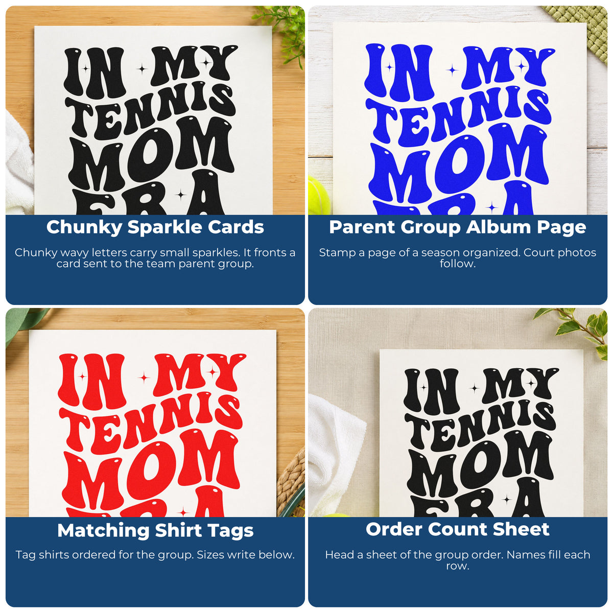Four ways to use the Tennis Mom Era Lettering Craft Stamp – Self-Inking: chunky sparkle cards, parent group album page, matching shirt tags and order count sheet.