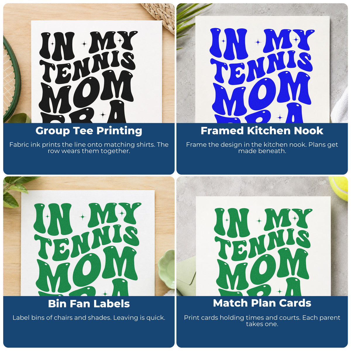 Four ways to use the Tennis Mom Era Lettering Craft Stamp – Self-Inking: group tee printing, framed kitchen nook, bin fan labels and match plan cards.