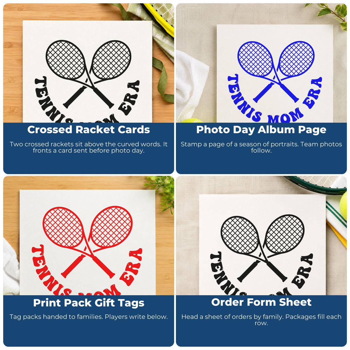 Four ways to use the Tennis Mom Era Rackets Lettering Compact Pre-Inked Stamp – Slim: crossed racket cards, photo day album page, print pack gift tags and order form sheet.