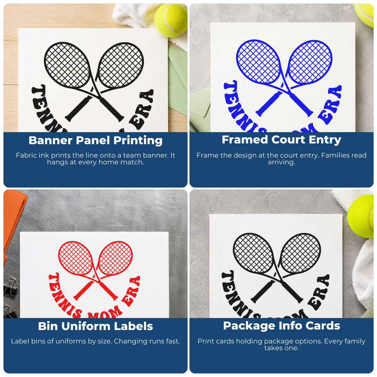 Four ways to use the Tennis Mom Era Rackets Lettering Self-Inking Stamp: banner panel printing, framed court entry, bin uniform labels and package info cards.