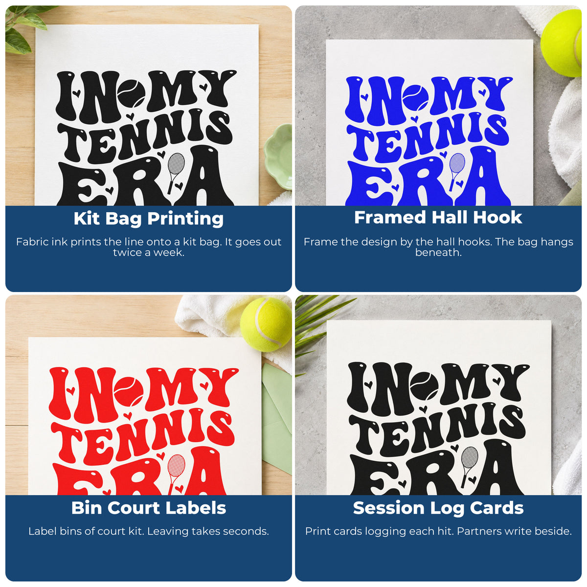 Four ways to use the In My Tennis Era Rubber Stamp – Wood Handle: kit bag printing, framed hall hook, bin court labels and session log cards.