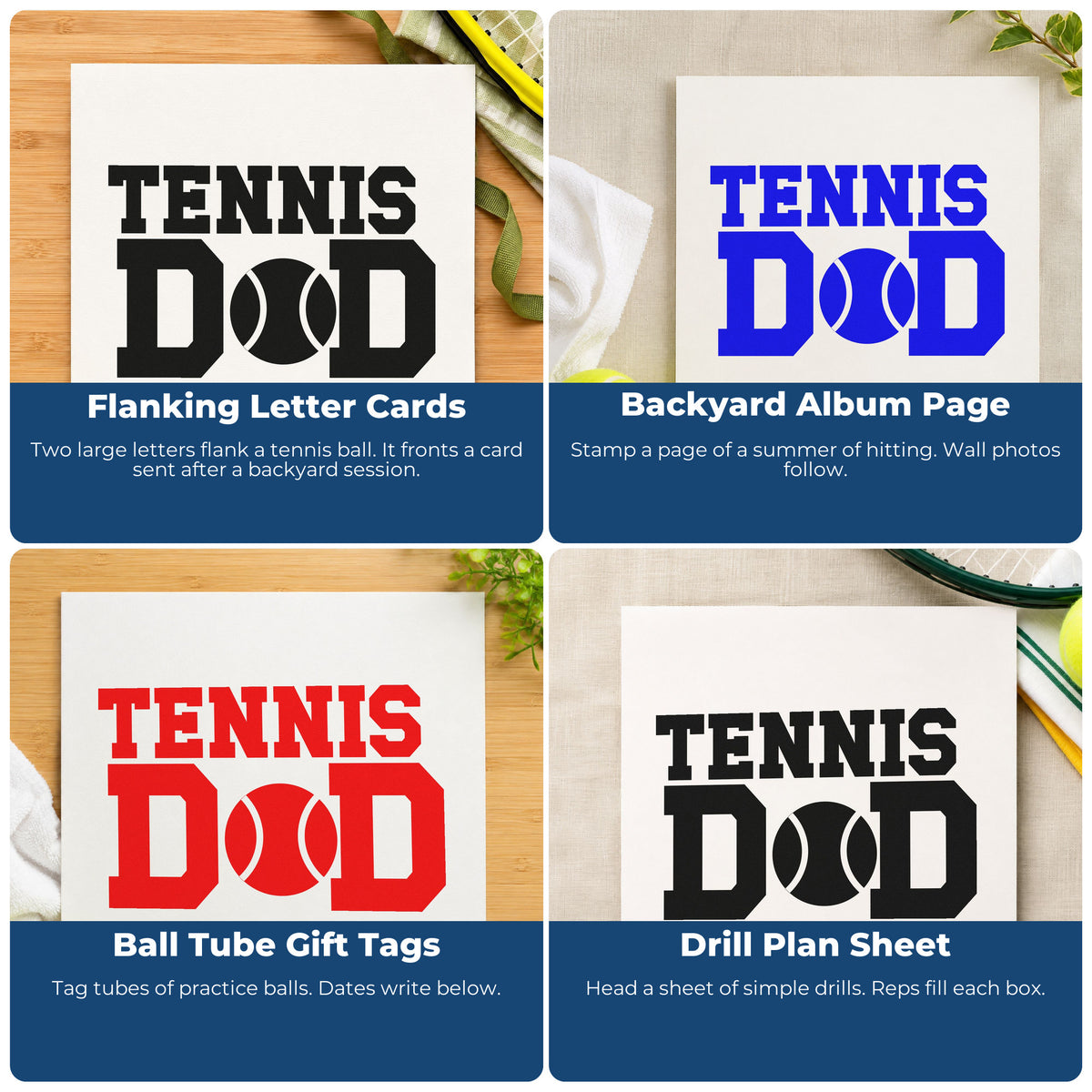 Four ways to use the Two D Letters With Tennis Ball Wood-Mounted Rubber Stamp: flanking letter cards, backyard album page, ball tube gift tags and drill plan sheet.
