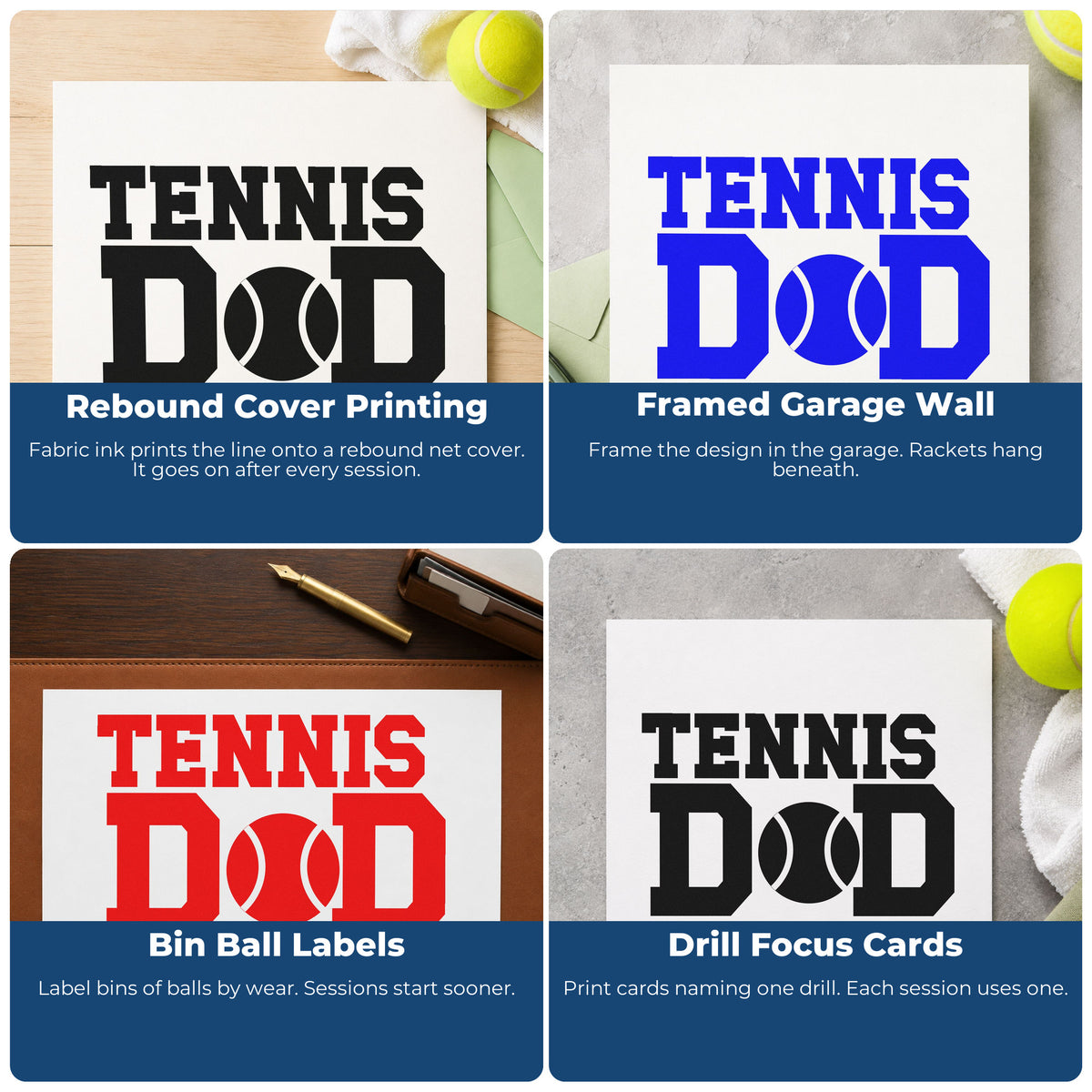 Four ways to use the Two D Letters With Tennis Ball Self-Inking Stamp: rebound cover printing, framed garage wall, bin ball labels and drill focus cards.