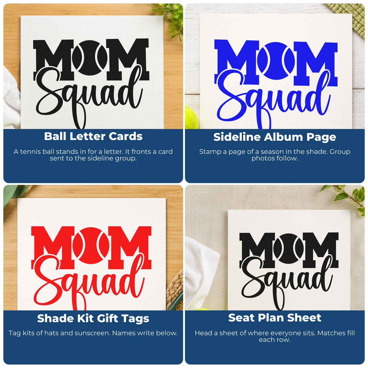 Four ways to use the Tennis Mom Squad Lettering Rubber Stamp – Duo Hand: ball letter cards, sideline album page, shade kit gift tags and seat plan sheet.