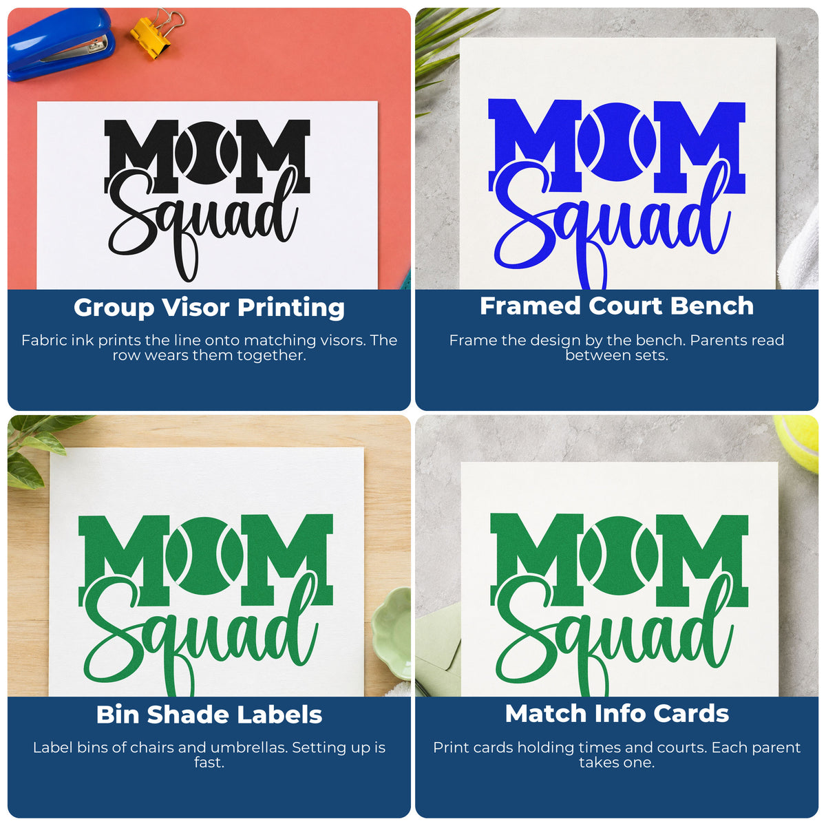Four ways to use the Tennis Mom Squad Lettering Pre-Inked Stamp – Slim: group visor printing, framed court bench, bin shade labels and match info cards.