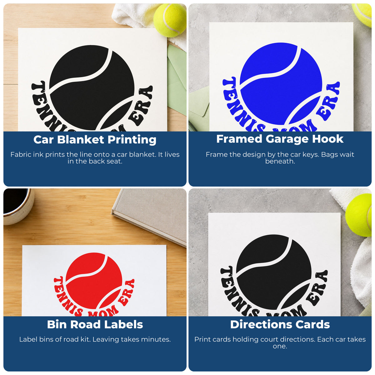 Four ways to use the Duo Hand Tennis Mom Era Ball Lettering Rubber Stamp: car blanket printing, framed garage hook, bin road labels and directions cards.