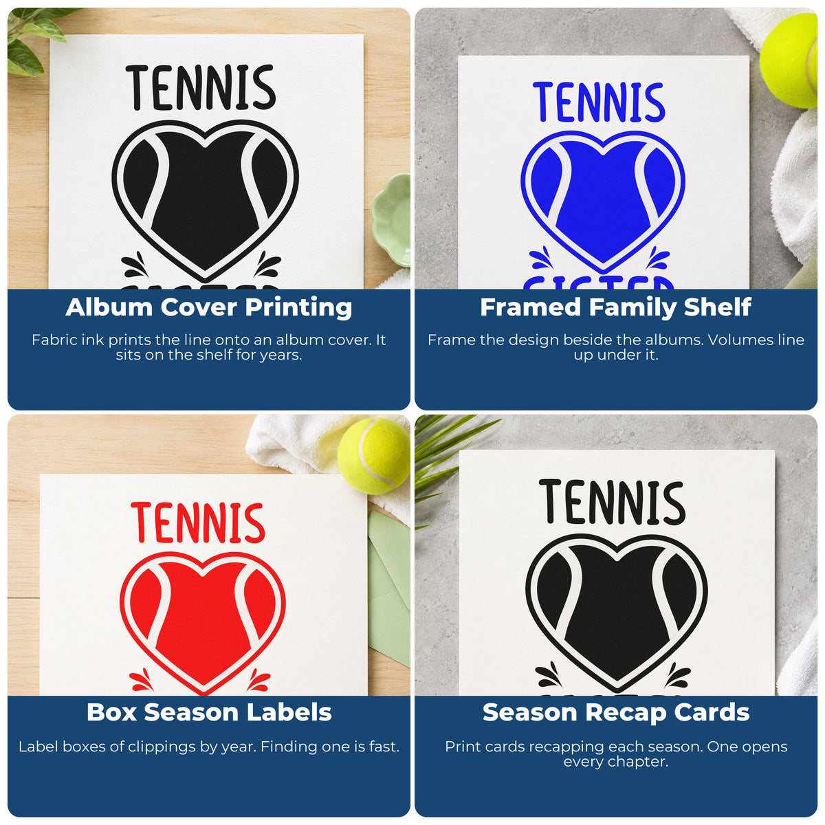 Four ways to use the Sister Tennis Heart Lettering Stamp – Slim Pre-Inked: album cover printing, framed family shelf, box season labels and season recap cards.