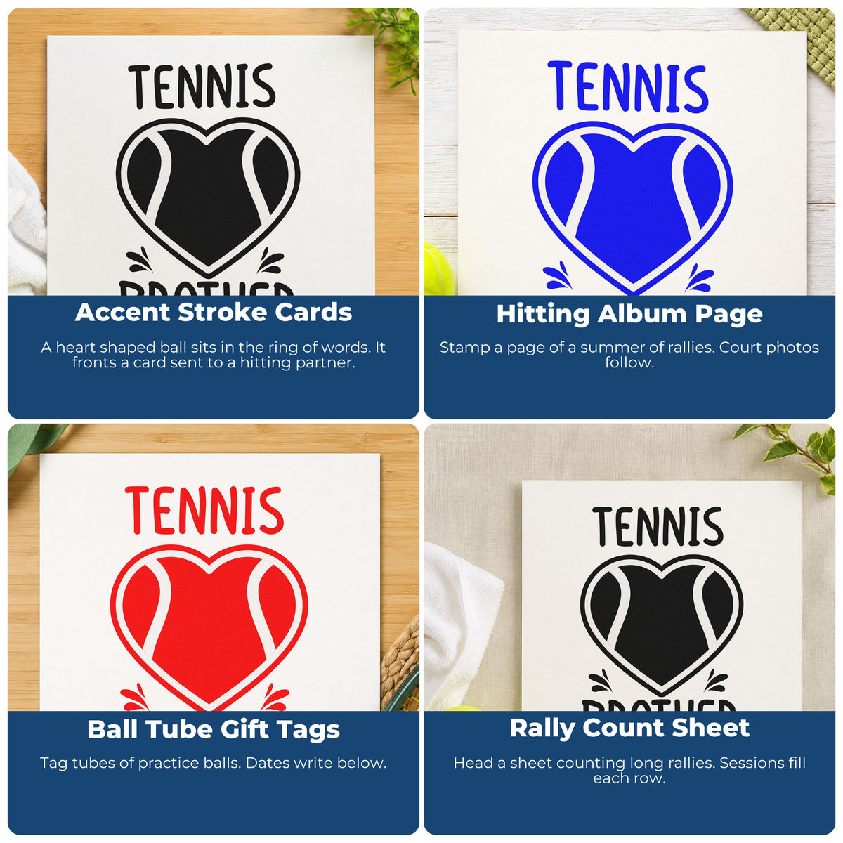 Four ways to use the Tennis Brother Heart Ball Premium Wooden Stamp - Vintage Pro: accent stroke cards, hitting album page, ball tube gift tags and rally count sheet.