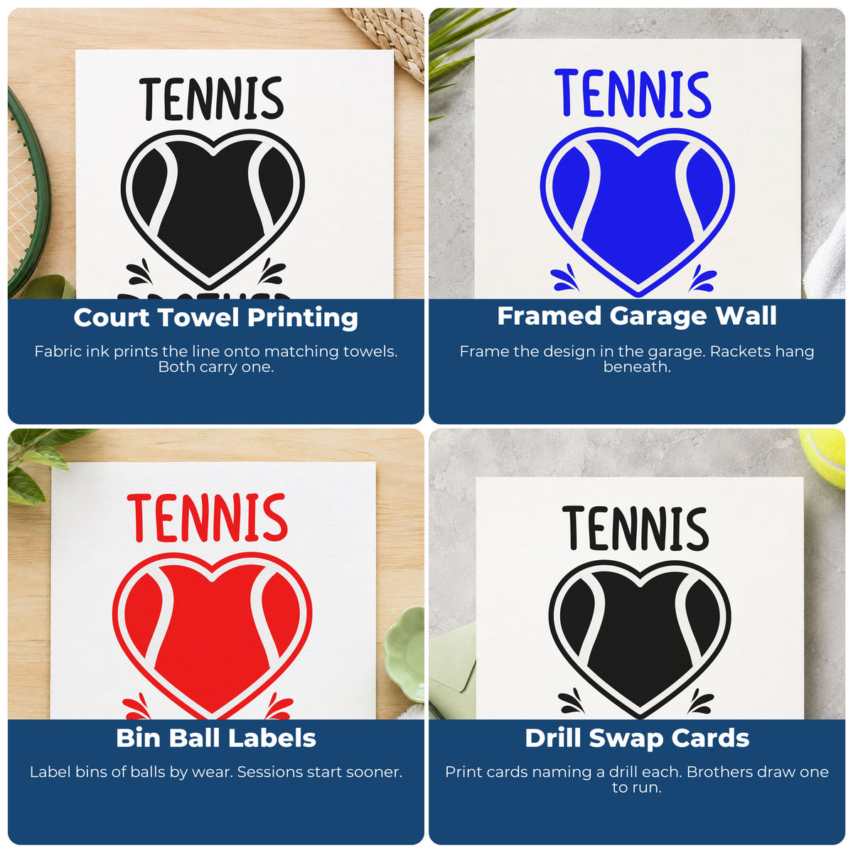 Four ways to use the Tennis Brother Heart Ball Self-Inking Stamp: court towel printing, framed garage wall, bin ball labels and drill swap cards.