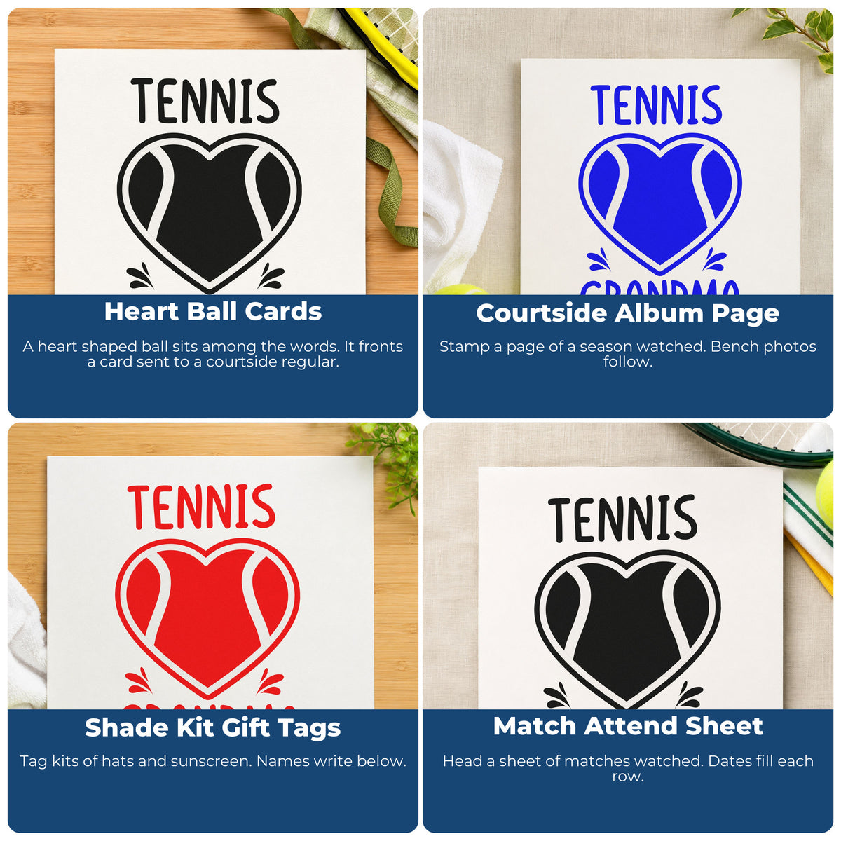Four ways to use the Grandma Tennis Heart Lettering Craft Stamp – Self-Inking: heart ball cards, courtside album page, shade kit gift tags and match attend sheet.