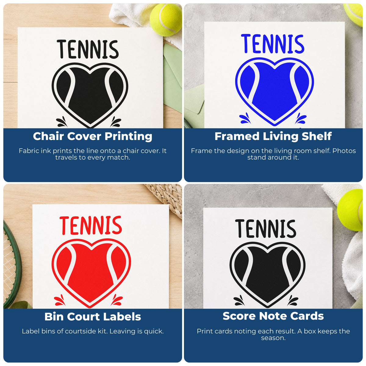 Four ways to use the Grandma Tennis Heart Lettering Craft Stamp – Self-Inking: chair cover printing, framed living shelf, bin court labels and score note cards.
