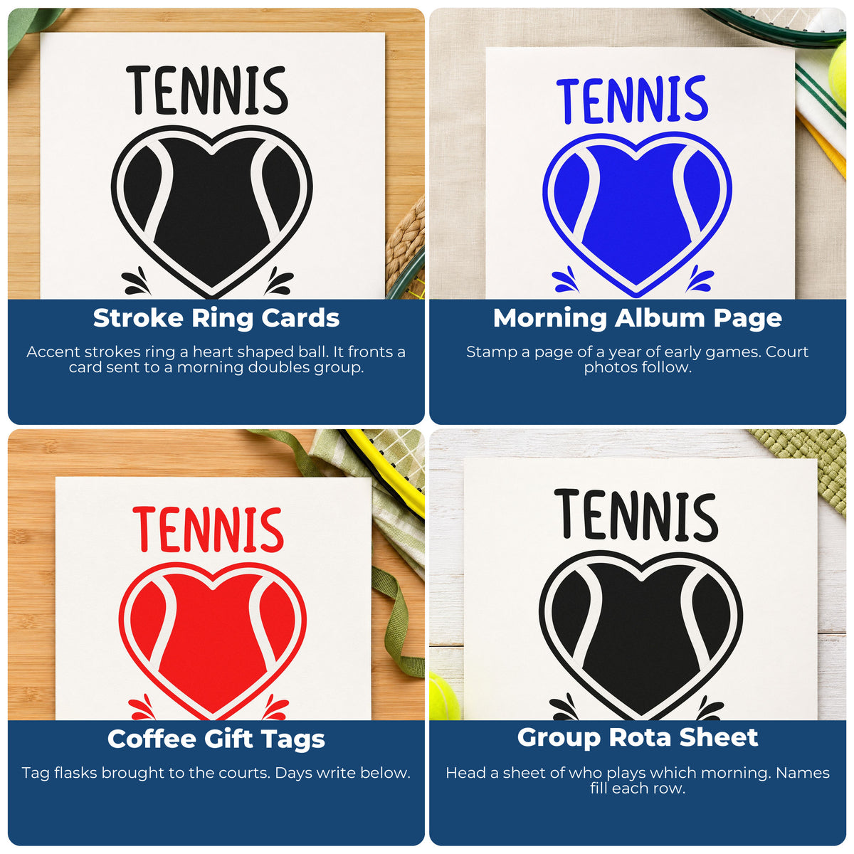 Four ways to use the Tennis Grandpa Heart Ball Self-Inking Stamp: stroke ring cards, morning album page, coffee gift tags and group rota sheet.