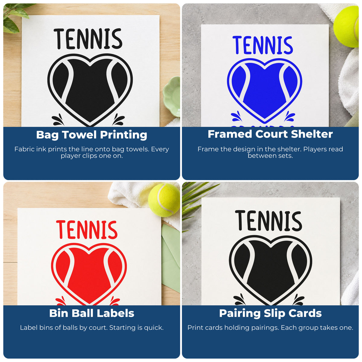 Four ways to use the Tennis Grandpa Heart Ball Self-Inking Stamp: bag towel printing, framed court shelter, bin ball labels and pairing slip cards.