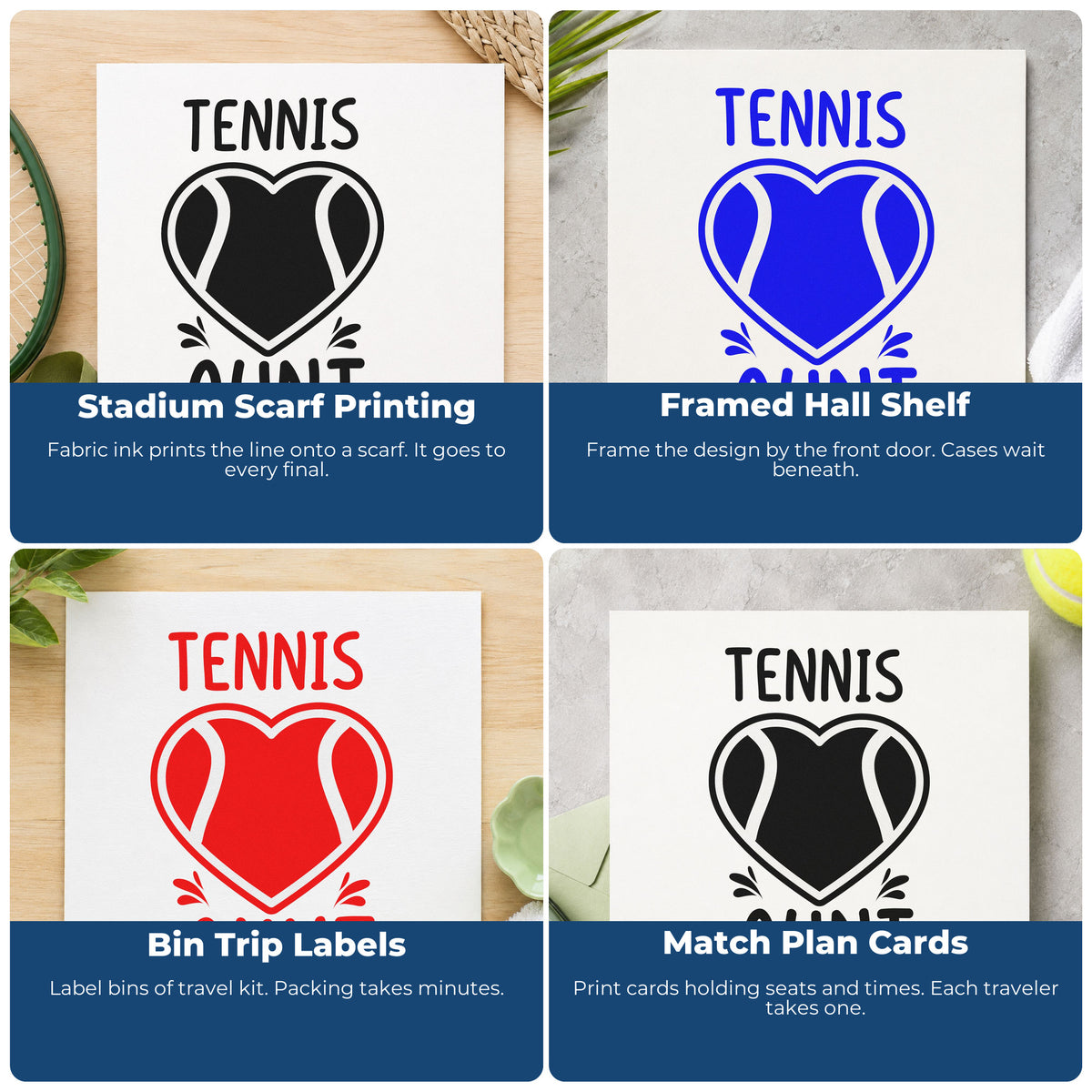 Four ways to use the Aunt Tennis Heart Lettering Stamp – Self-Inking: stadium scarf printing, framed hall shelf, bin trip labels and match plan cards.