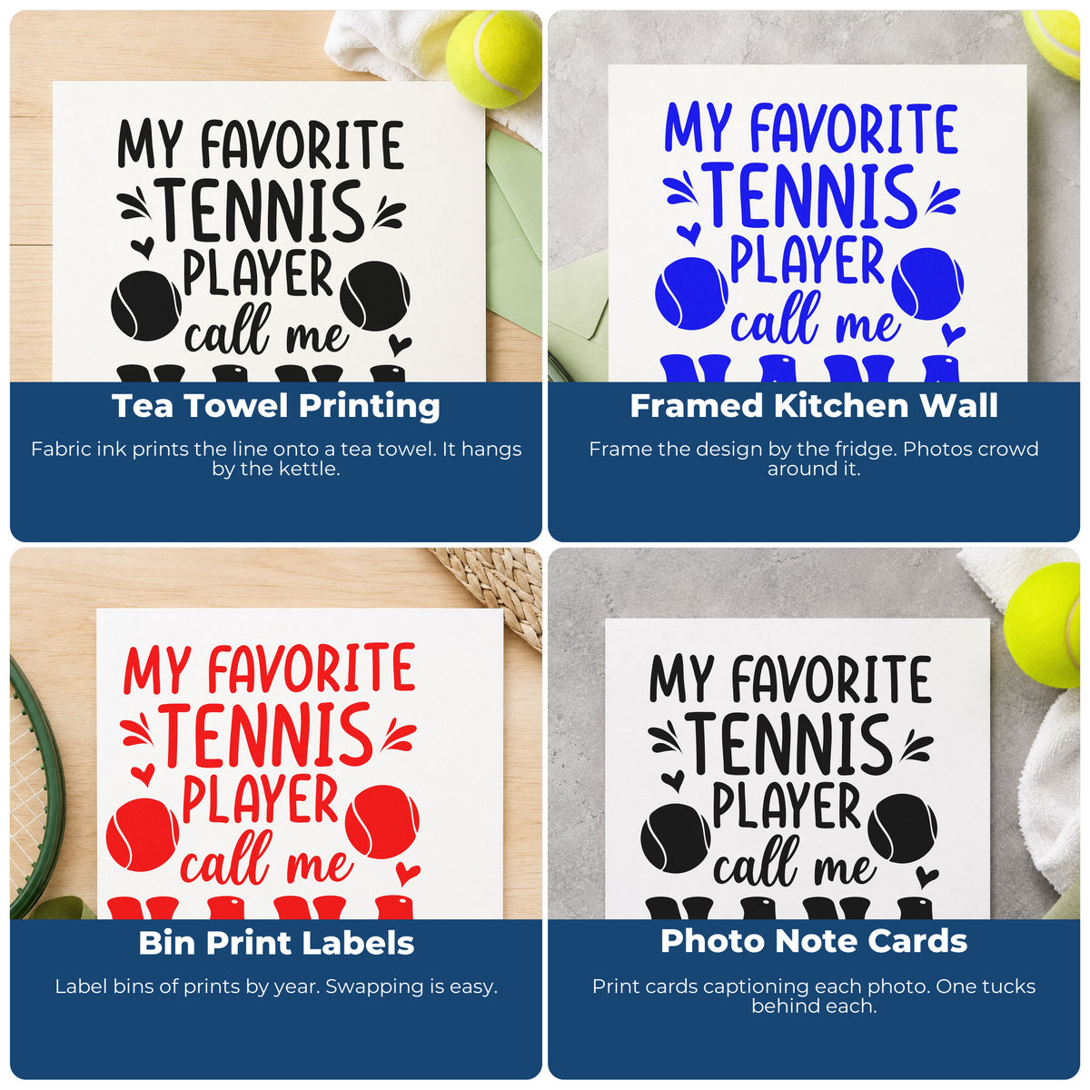 Four ways to use the Favorite Tennis Player Nana With Hearts Self-Inking Craft Stamp: tea towel printing, framed kitchen wall, bin print labels and photo note cards.