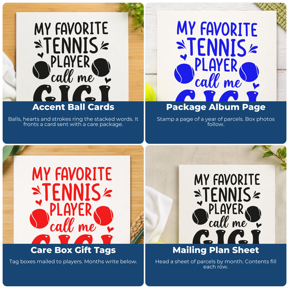 Four ways to use the Self-Inking Favorite Tennis Player Gigi With Hearts Stamp: accent ball cards, package album page, care box gift tags and mailing plan sheet.