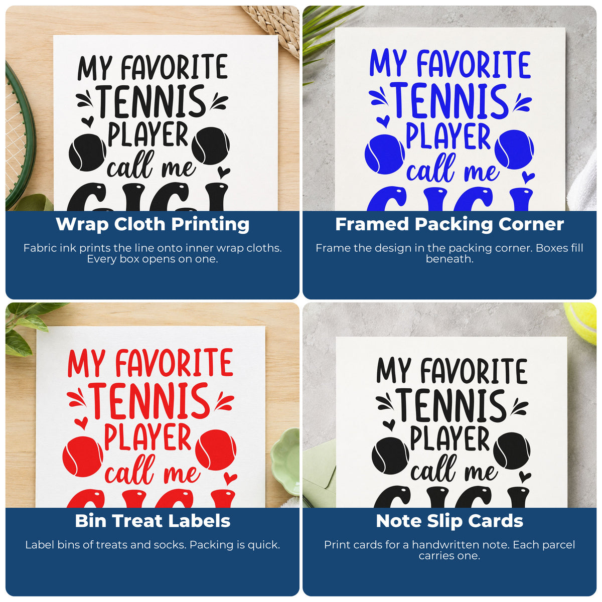 Four ways to use the Favorite Tennis Player Gigi With Hearts Slim Pre-Inked Stamp: wrap cloth printing, framed packing corner, bin treat labels and note slip cards.