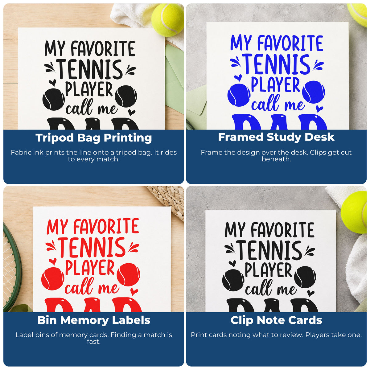 Four ways to use the Vintage Pro Favorite Tennis Player Dad Premium Wooden Stamp: tripod bag printing, framed study desk, bin memory labels and clip note cards.