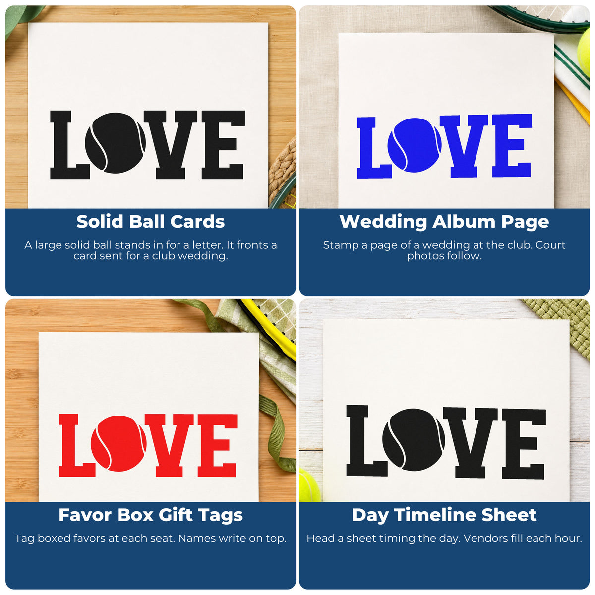 Four ways to use the Tennis Love Solid Ball Typography Wood Handle Stamp: solid ball cards, wedding album page, favor box gift tags and day timeline sheet.