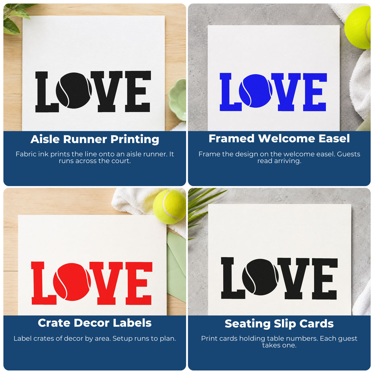 Four ways to use the Tennis Love Solid Ball Typography Wood Handle Stamp: aisle runner printing, framed welcome easel, crate decor labels and seating slip cards.