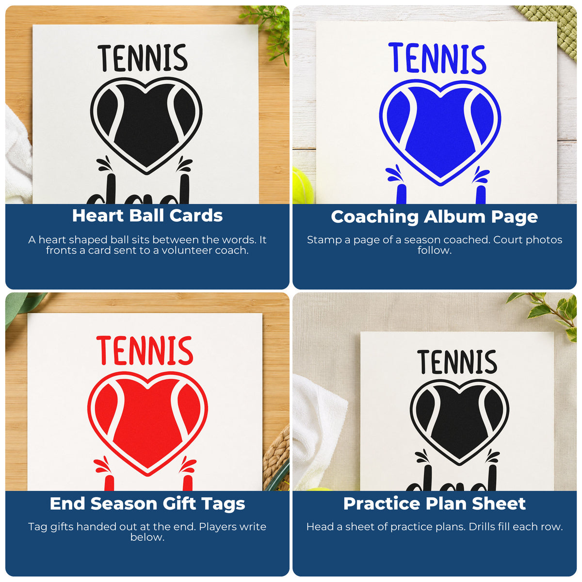 Four ways to use the Dad Tennis Heart Lettering PSI Pre-Inked Stamp: heart ball cards, coaching album page, end season gift tags and practice plan sheet.