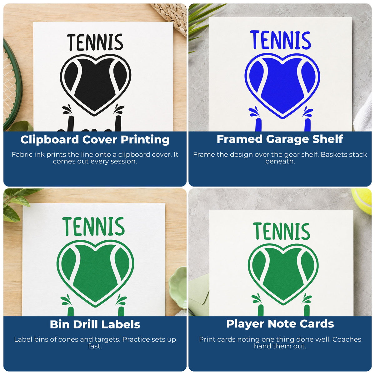 Four ways to use the Dad Tennis Heart Lettering Rubber Stamp – Wood Handle: clipboard cover printing, framed garage shelf, bin drill labels and player note cards.