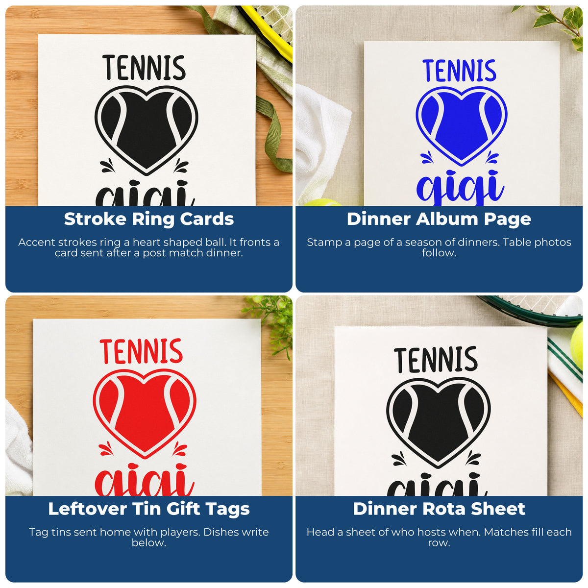 Four ways to use the Tennis Gigi Heart Ball Pre-Inked Stamp – PSI: stroke ring cards, dinner album page, leftover tin gift tags and dinner rota sheet.