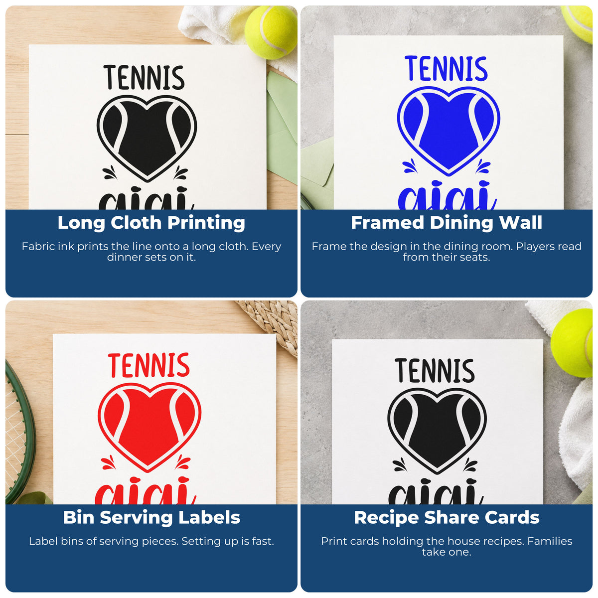 Four ways to use the Tennis Gigi Heart Ball Rubber Stamp – Duo Hand: long cloth printing, framed dining wall, bin serving labels and recipe share cards.