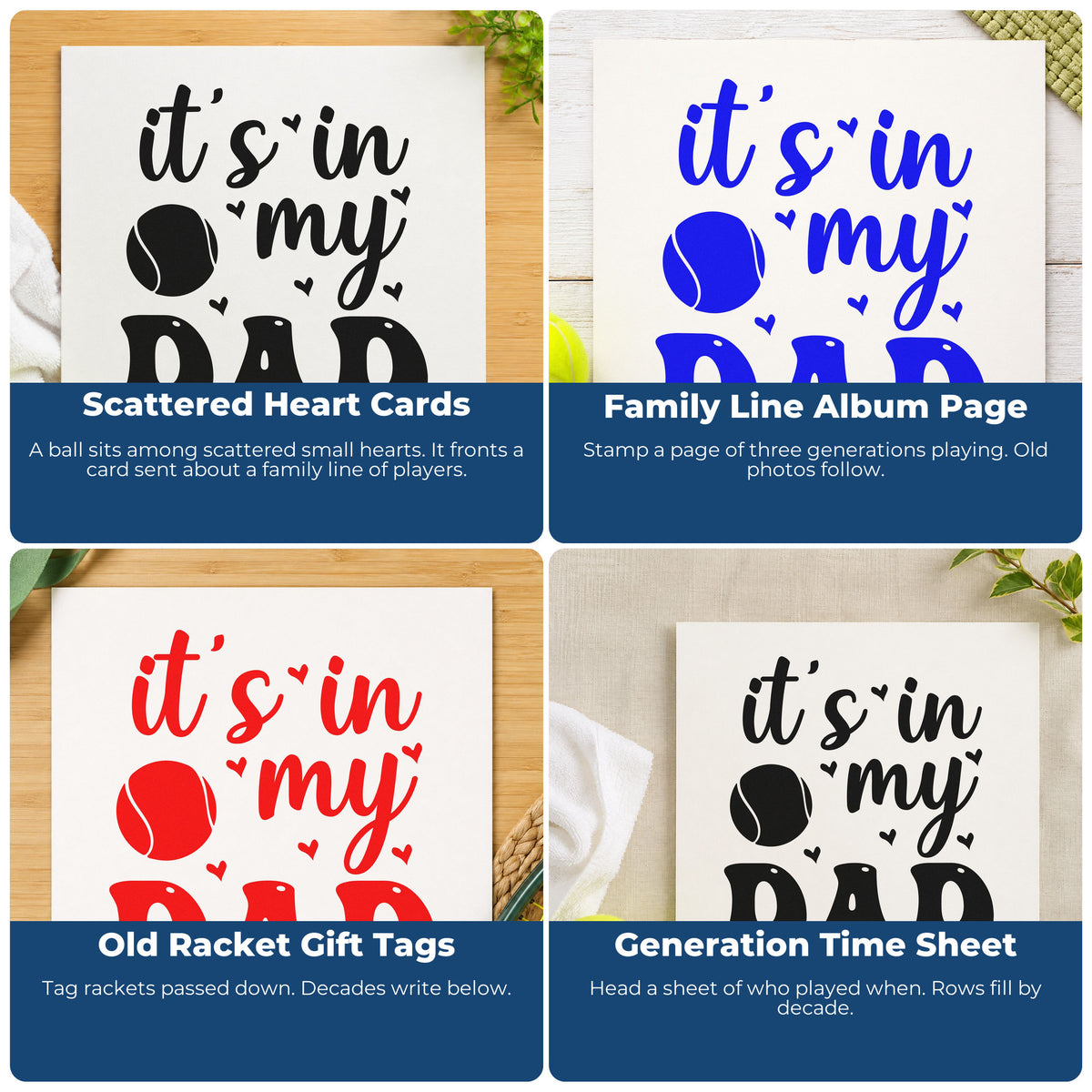 Four ways to use the Tennis Ball And Hearts With Dad Lettering Compact Pre-Inked Stamp – Slim: scattered heart cards, family line album page, old racket gift tags and generation time sheet.