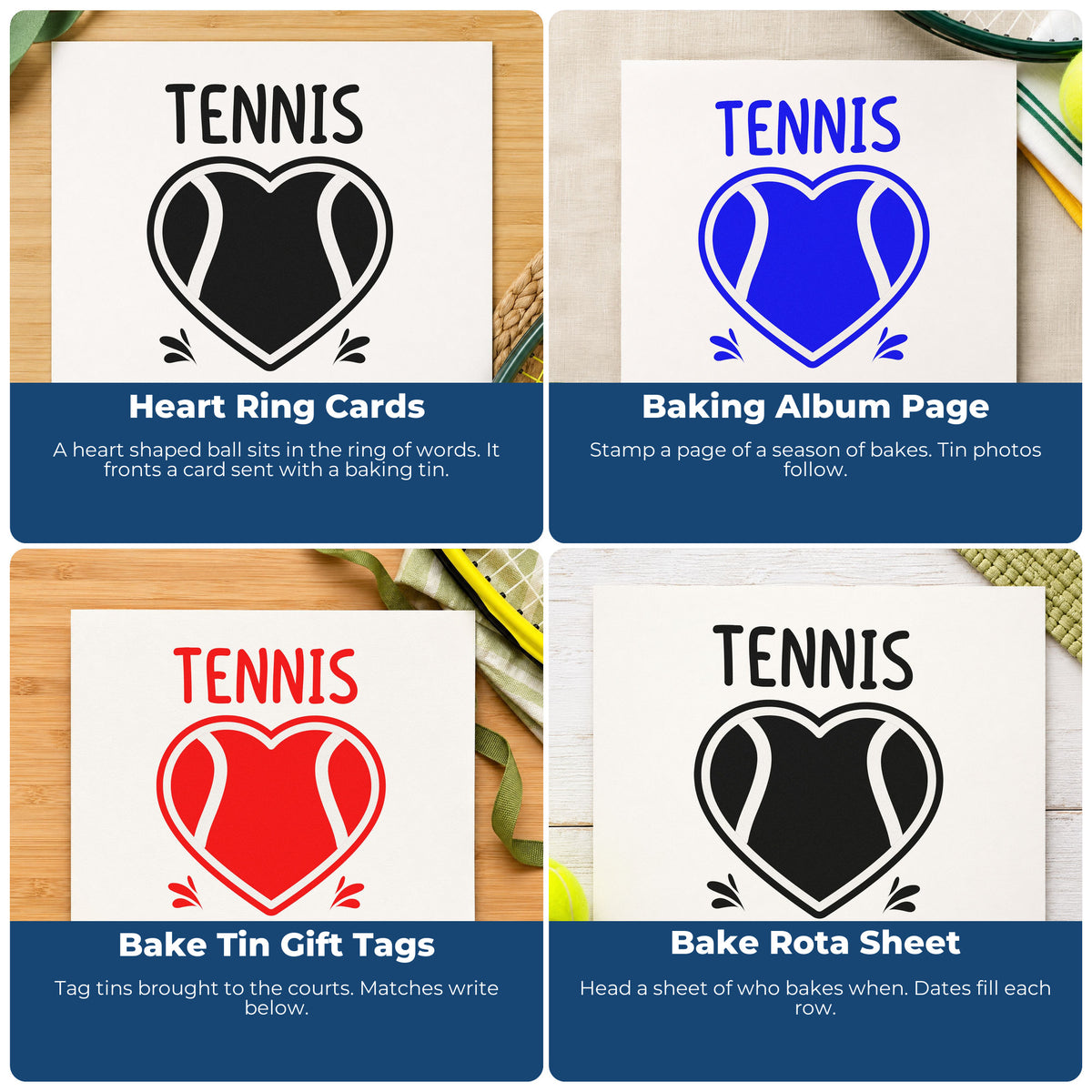Four ways to use the Slim Pre-Inked Tennis Nana Heart Ball Stamp: heart ring cards, baking album page, bake tin gift tags and bake rota sheet.