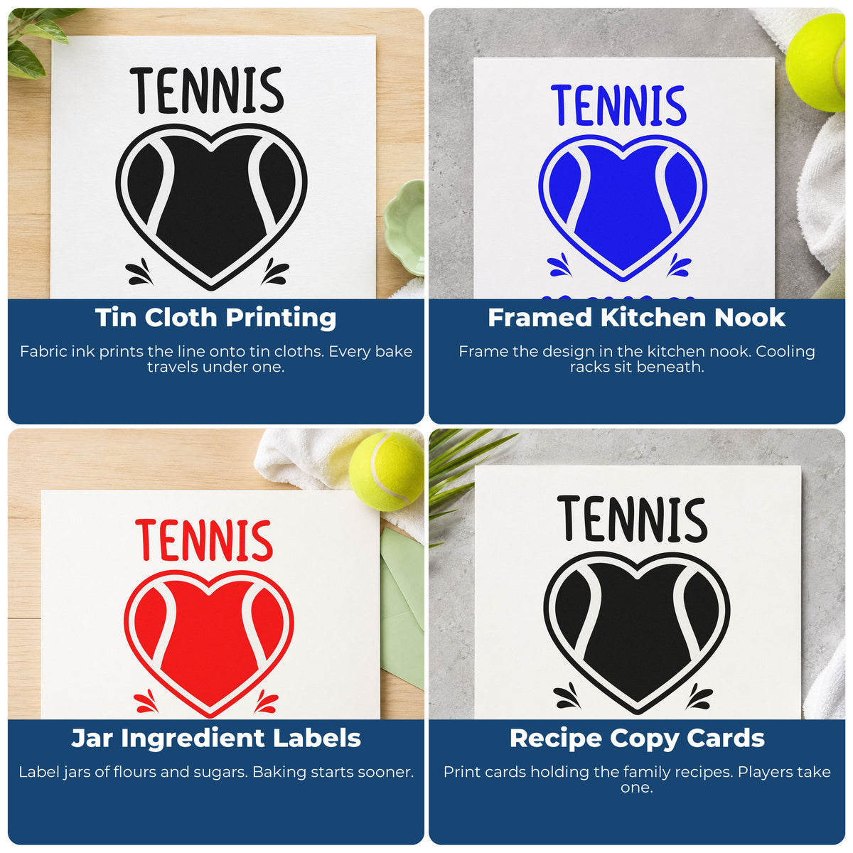 Four ways to use the Tennis Nana Heart Ball Self-Inking Craft Stamp: tin cloth printing, framed kitchen nook, jar ingredient labels and recipe copy cards.