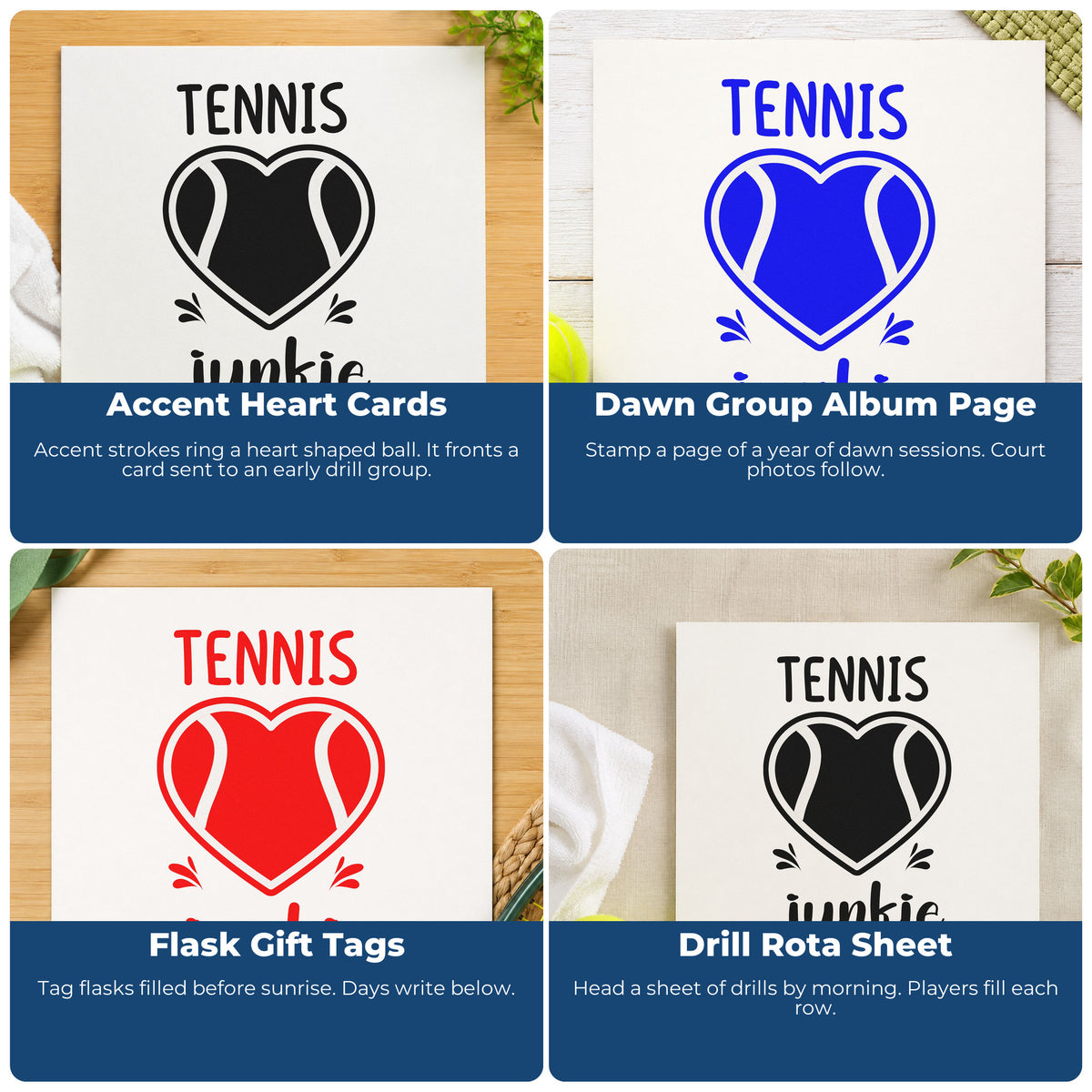 Four ways to use the Tennis Junkie Heart Lettering Pre-Inked Stamp – Slim: accent heart cards, dawn group album page, flask gift tags and drill rota sheet.