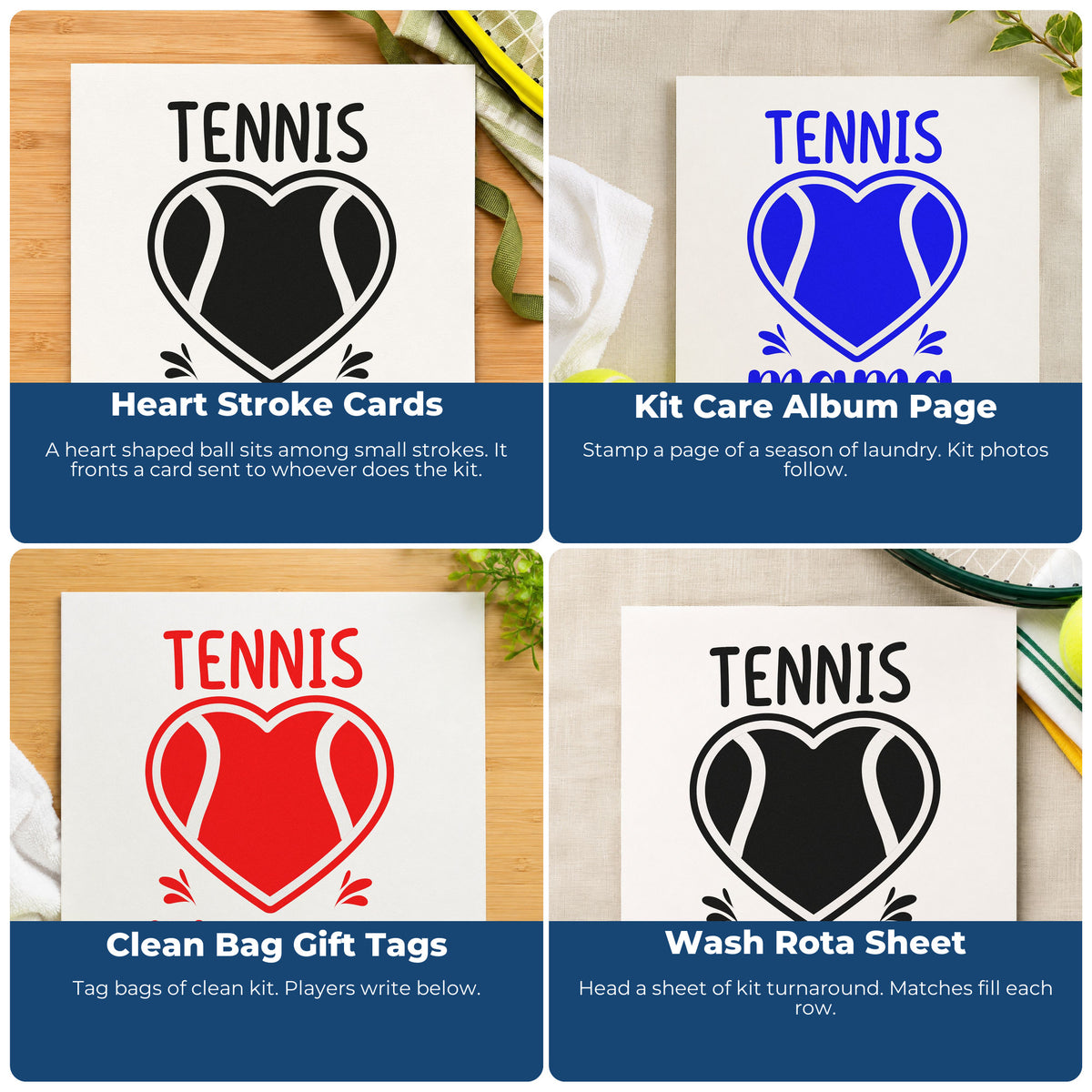Four ways to use the Tennis Mama Heart Ball Slim Pre-Inked Stamp: heart stroke cards, kit care album page, clean bag gift tags and wash rota sheet.