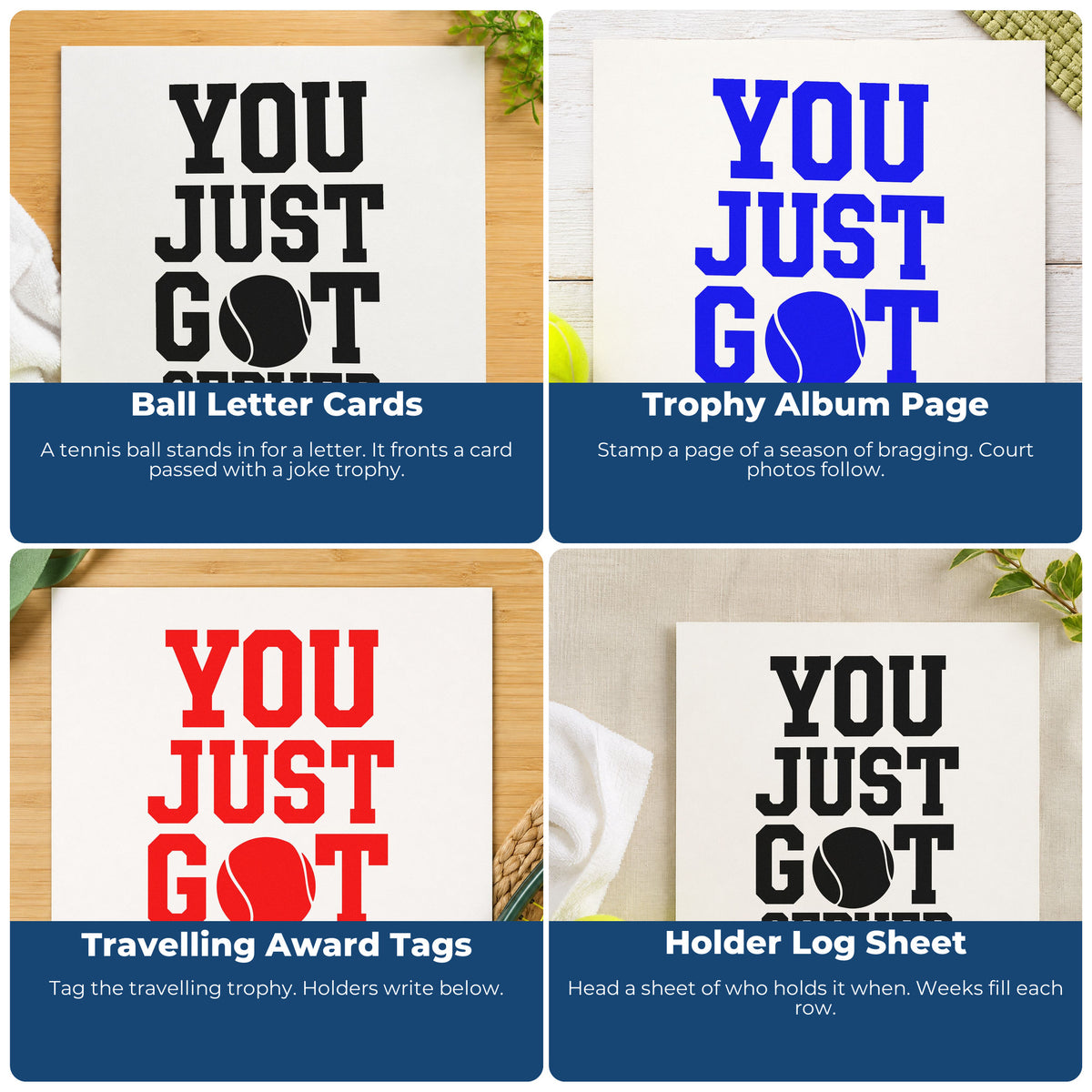 Four ways to use the You Just Got Served Pre-Inked Stamp – Slim: ball letter cards, trophy album page, travelling award tags and holder log sheet.