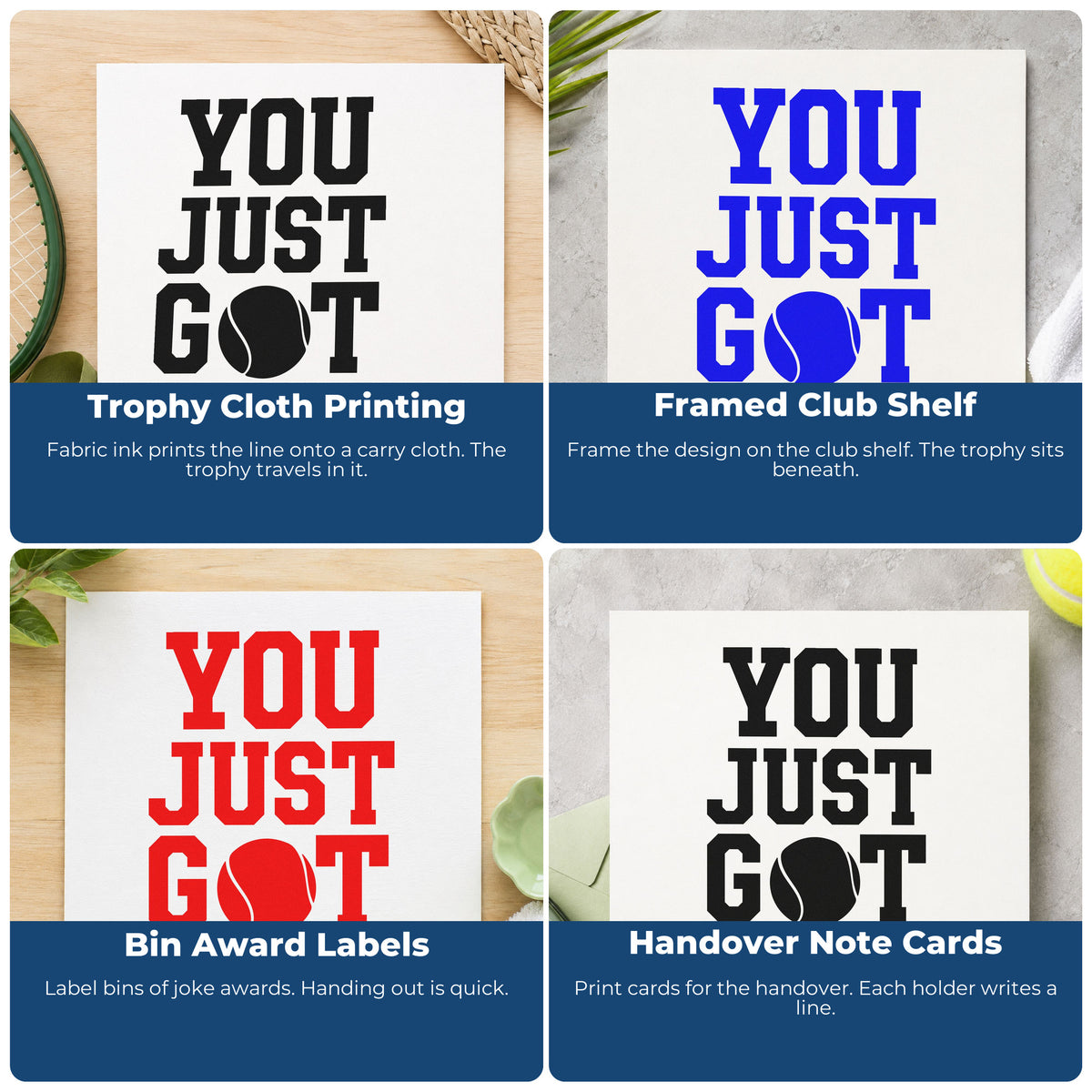 Four ways to use the You Just Got Served Hand Stamp – Duo: trophy cloth printing, framed club shelf, bin award labels and handover note cards.
