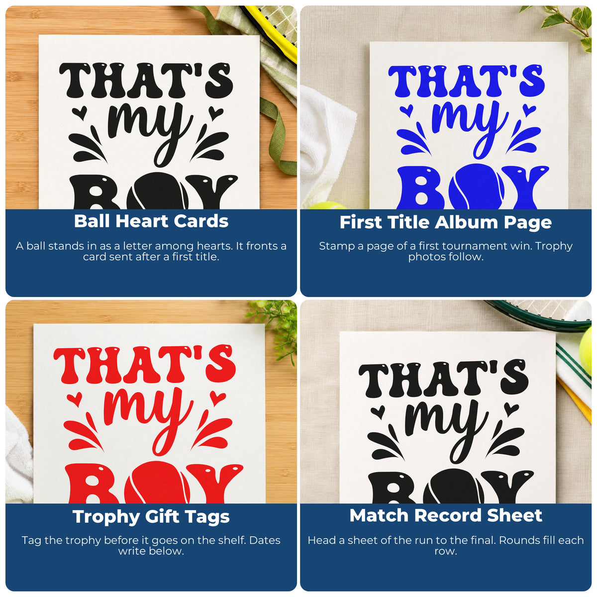 Four ways to use the That Is My Boy Pre-Inked Stamp – PSI: ball heart cards, first title album page, trophy gift tags and match record sheet.