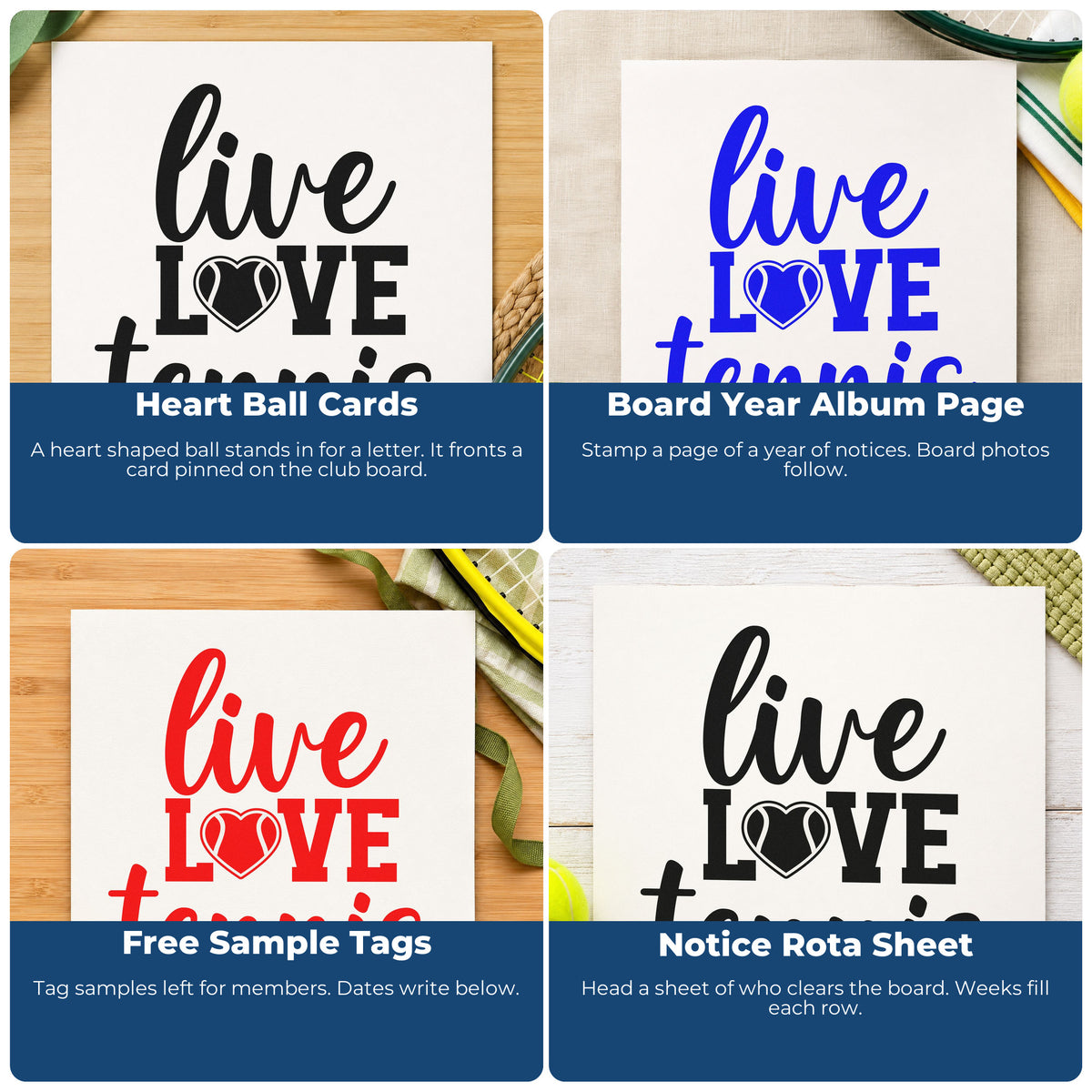 Four ways to use the Vintage Pro Live Love Tennis Heart Premium Wooden Stamp: heart ball cards, board year album page, free sample tags and notice rota sheet.