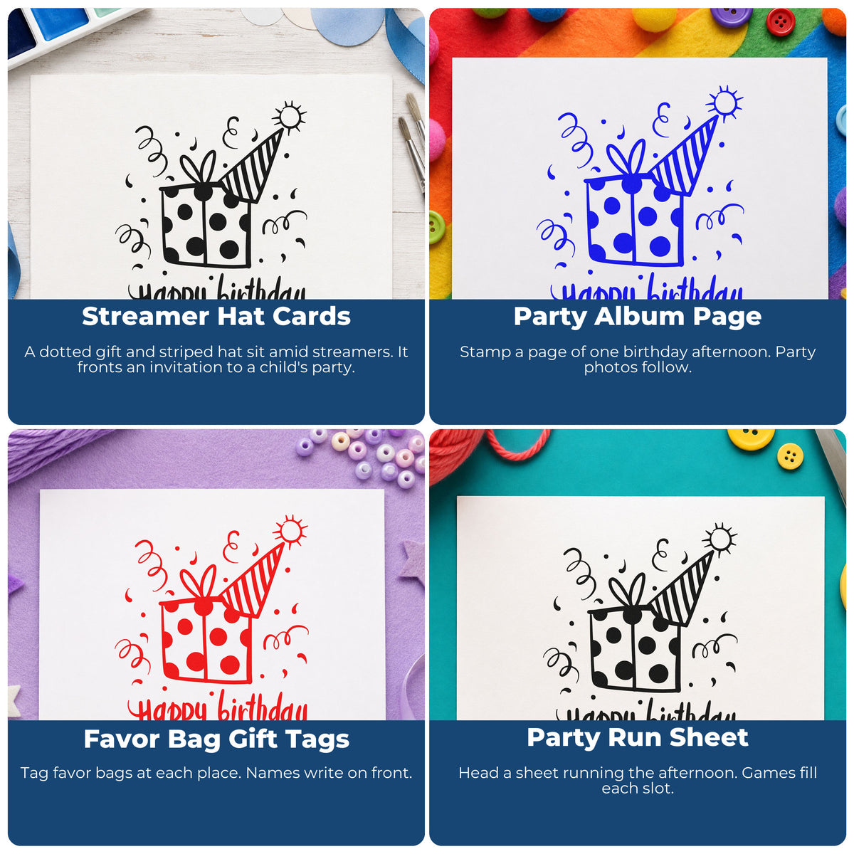 Four ways to use the Birthday Gift Party Hat Pre-Inked Stamp – PSI: streamer hat cards, party album page, favor bag gift tags and party run sheet.