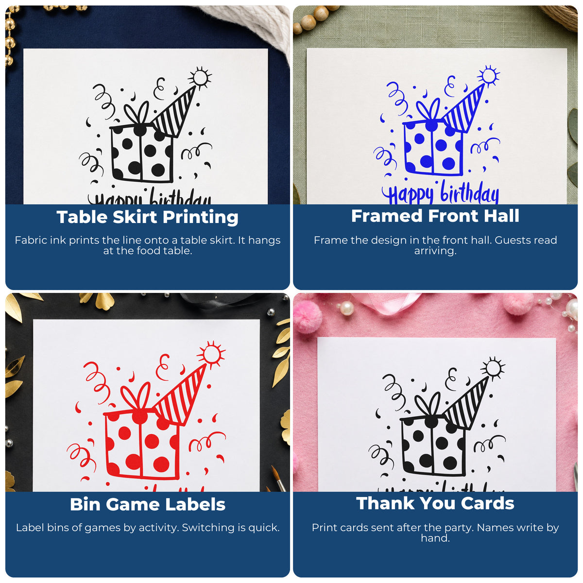 Four ways to use the Slim Pre-Inked Birthday Gift Party Hat Stamp: table skirt printing, framed front hall, bin game labels and thank you cards.