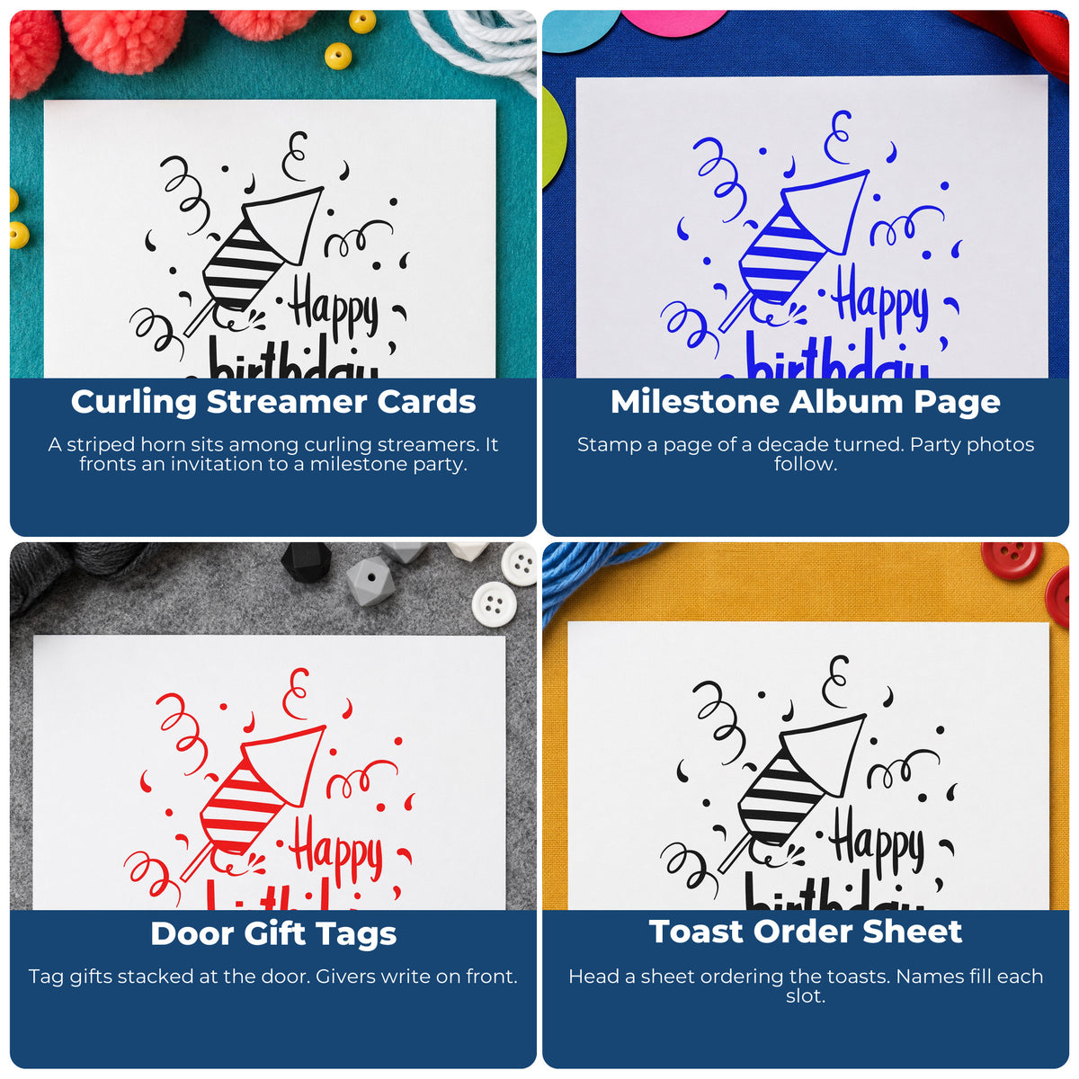 Four ways to use the Birthday Party Horn And Confetti Pre-Inked Stamp – Slim: curling streamer cards, milestone album page, door gift tags and toast order sheet.