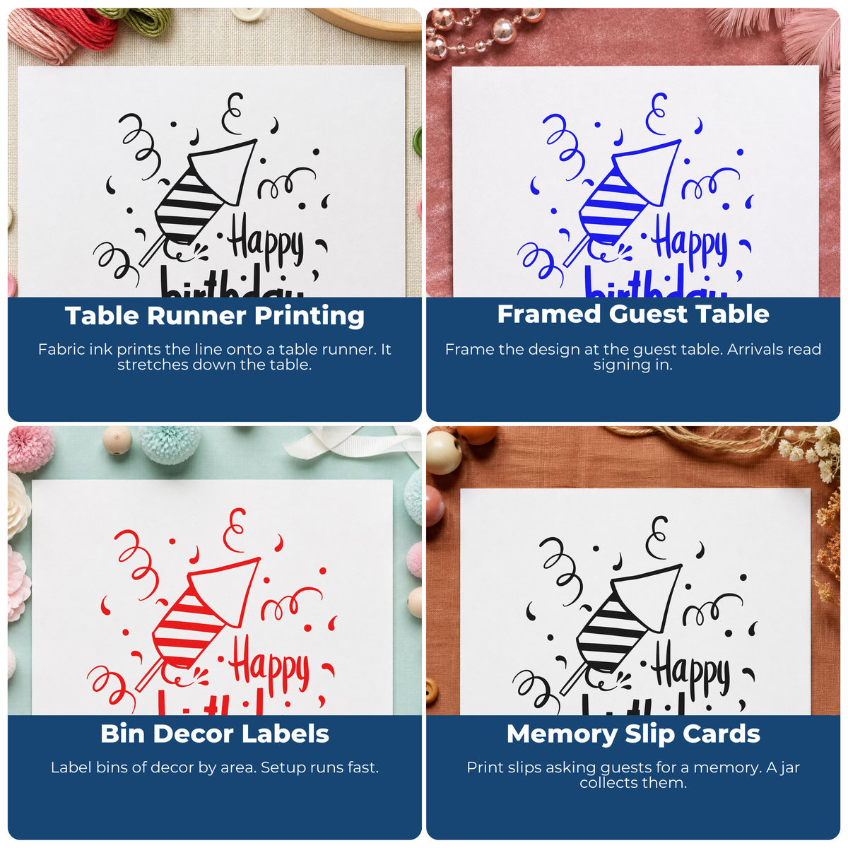 Four ways to use the Birthday Party Horn And Confetti Pre-Inked Stamp – Slim: table runner printing, framed guest table, bin decor labels and memory slip cards.