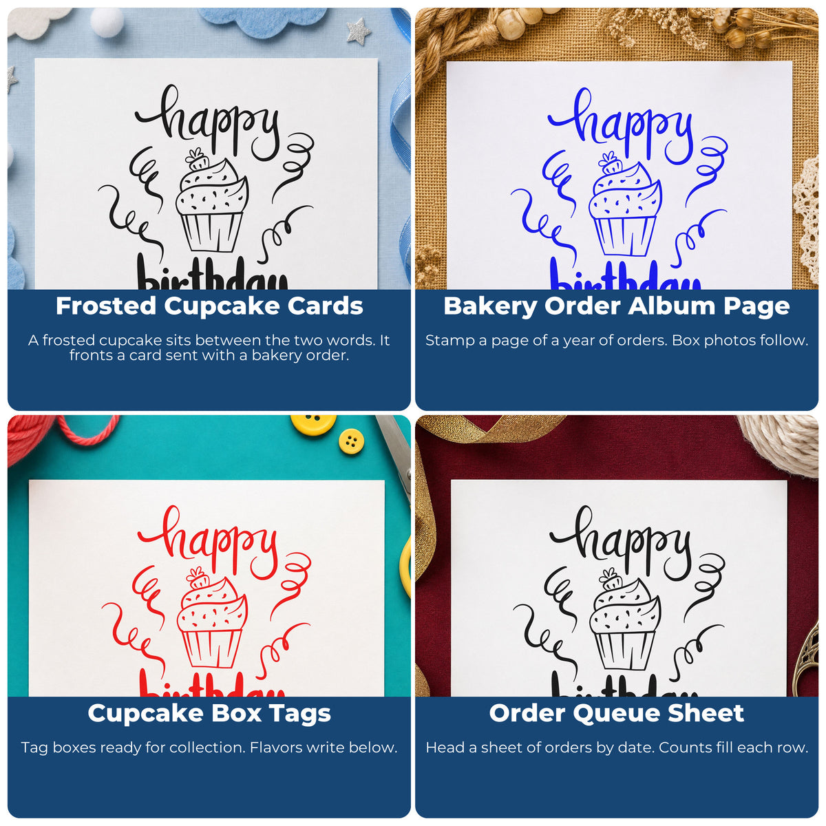 Four ways to use the Frosted Cupcake Birthday Greeting Stamp – Duo Hand: frosted cupcake cards, bakery order album page, cupcake box tags and order queue sheet.