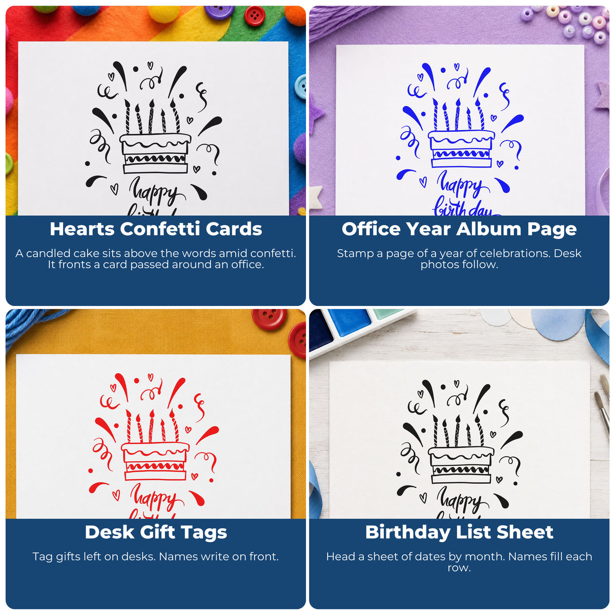 Four ways to use the Wood Handle Birthday Candle Cake Confetti Rubber Stamp: hearts confetti cards, office year album page, desk gift tags and birthday list sheet.