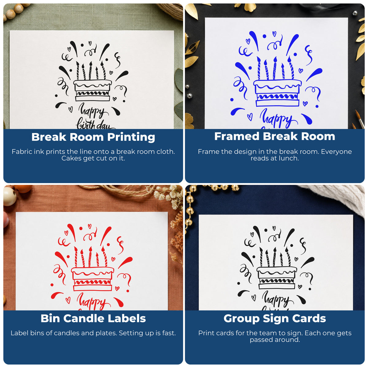 Four ways to use the Birthday Candle Cake Confetti PSI Pre-Inked Stamp: break room printing, framed break room, bin candle labels and group sign cards.