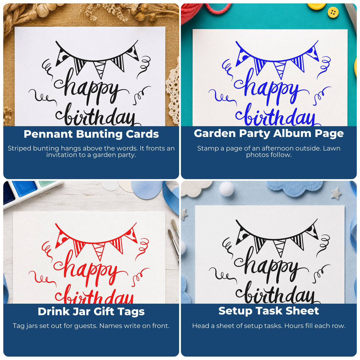 Four ways to use the Striped Pennant Birthday Greeting Stamp – Self-Inking: pennant bunting cards, garden party album page, drink jar gift tags and setup task sheet.