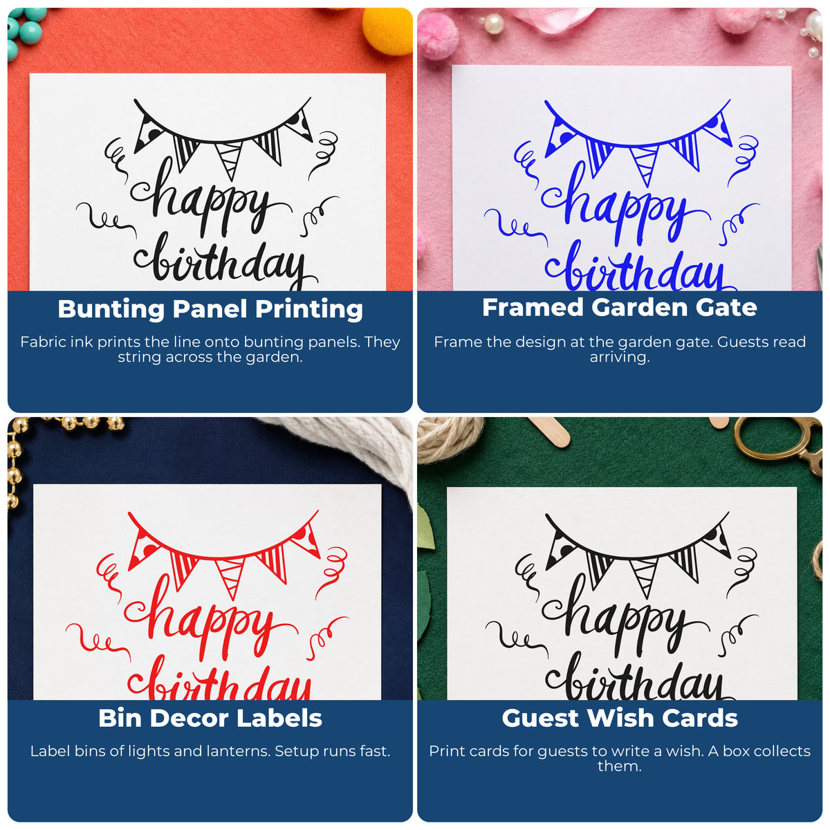 Four ways to use the Striped Pennant Birthday Greeting Premium Wood-Mounted Stamp - Vintage Pro: bunting panel printing, framed garden gate, bin decor labels and guest wish cards.