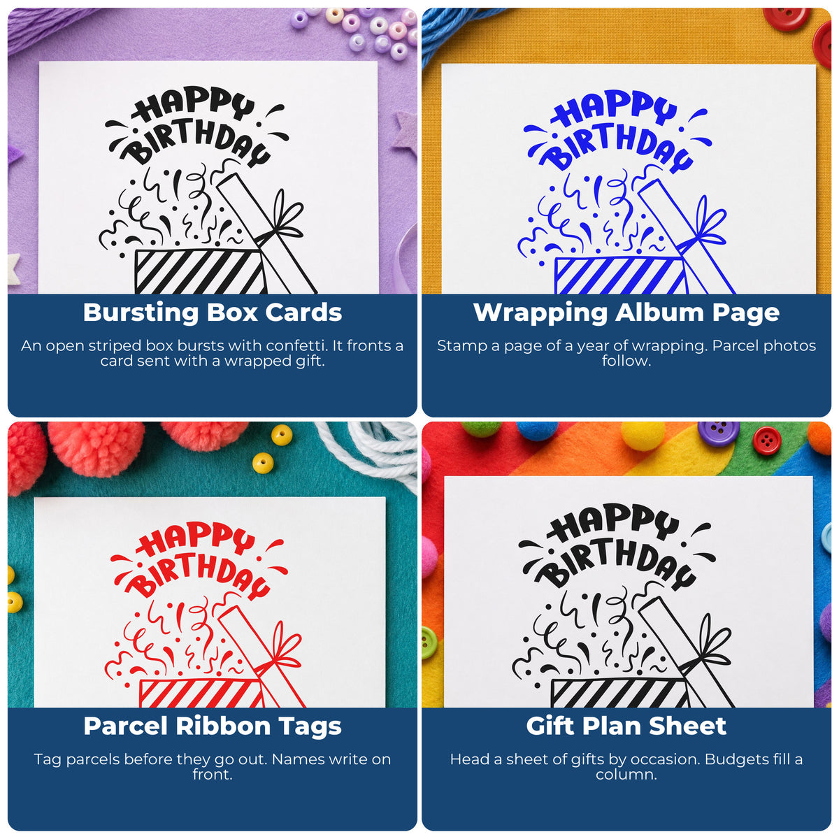 Four ways to use the Birthday Open Gift Confetti Self-Inking Stamp: bursting box cards, wrapping album page, parcel ribbon tags and gift plan sheet.