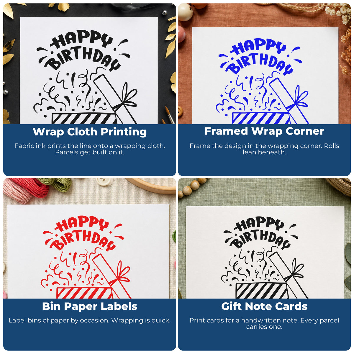 Four ways to use the Birthday Open Gift Confetti Wood Handle Stamp: wrap cloth printing, framed wrap corner, bin paper labels and gift note cards.