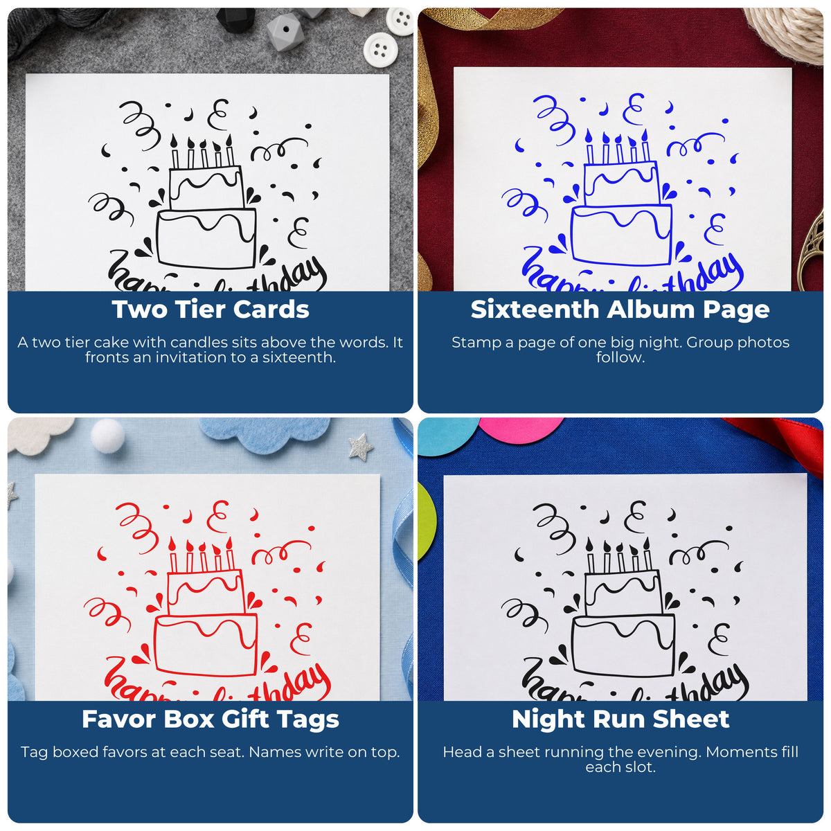 Four ways to use the Two-Tier Birthday Cake And Candles Hand Stamp – Duo: two tier cards, sixteenth album page, favor box gift tags and night run sheet.